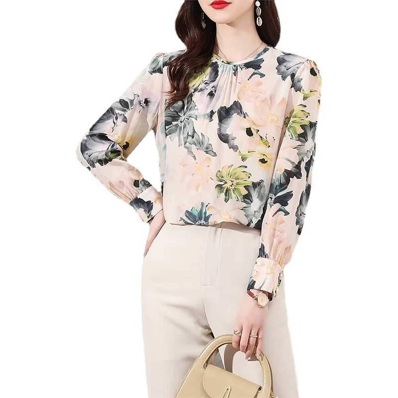 Silk Shirt Women's 2022 Spring Dress New Printing Fashion Temperament Shirt Long Sleeve Mulberry Silk Office Lady Tops