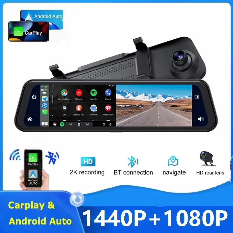 

Carplay Dash Cam Car Android Avto Dvr Mirror Recorder 3 In 1 Video Recorder 1440P 12 Inch Black Box Car Play Dual Lens Car Dvr