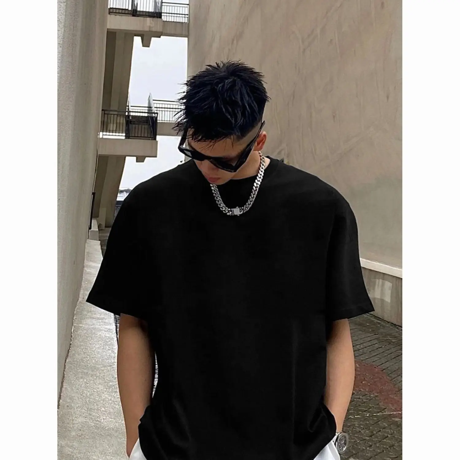 

Small neckline Summer heavy weight t-shirt men bottoming Half-sleeve pure cotton Solid color white Round neck Large size T-shirt