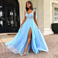 blue a line simple prom dresses bow straps corset sweetheart party gown pleats tulle side split evening dress cheap gowns