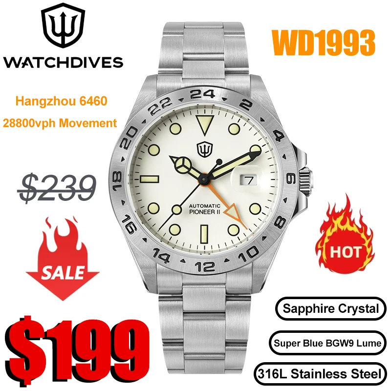 Фото Мужские часы Watchdives WD1993 40 мм с автоматическим механизмом Hangzhou 6460 Hi-Beat GMT, сапфировым стеклом, водонепроницаемостью 200 м, из нержавеющей стали. №1
