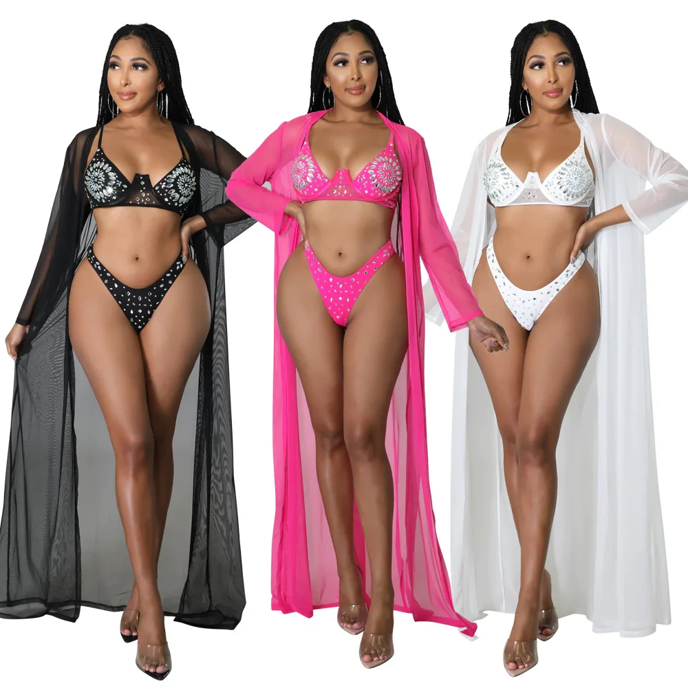 

Women Diamonds Hot Rhinestones Bikinis Set with Mesh See Though Cover-ups Matching Three 3 Piece Set Outfit Swimsuit