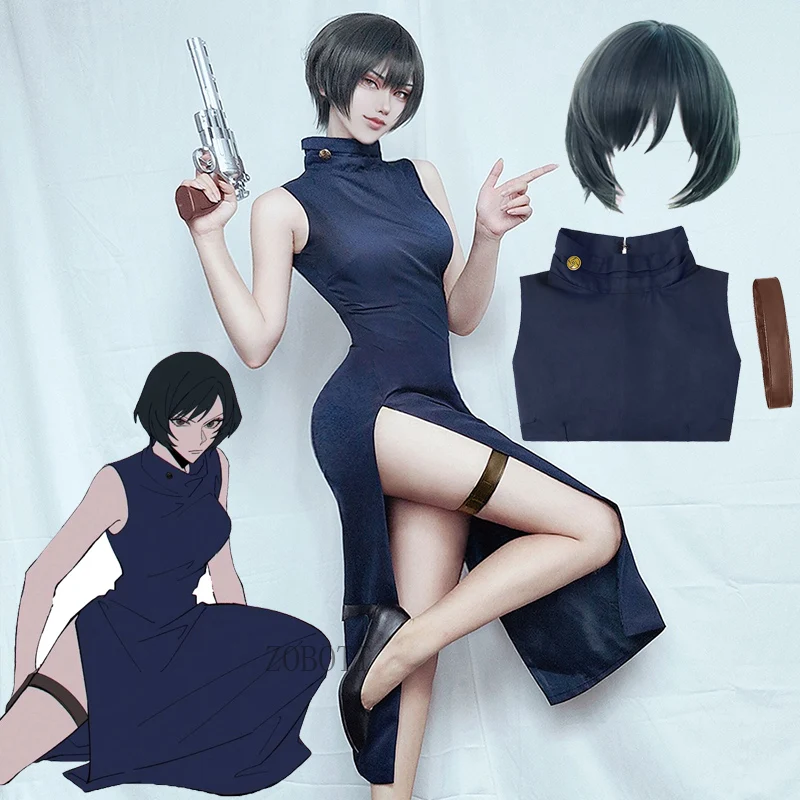 

Anime Jujutsu Kaisen Zenin Mai Cosplay Costumes Wig Zenin Mai Cosplay Costume Navy Blue Cheongsam Uniform Women Dress