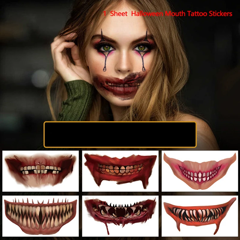 

1 Sheet Halloween Big Mouth Tattoo Stickers DIY Horror Lip Scratched Face Stickers Decors Fake Tattoos Decals DIY Body Art