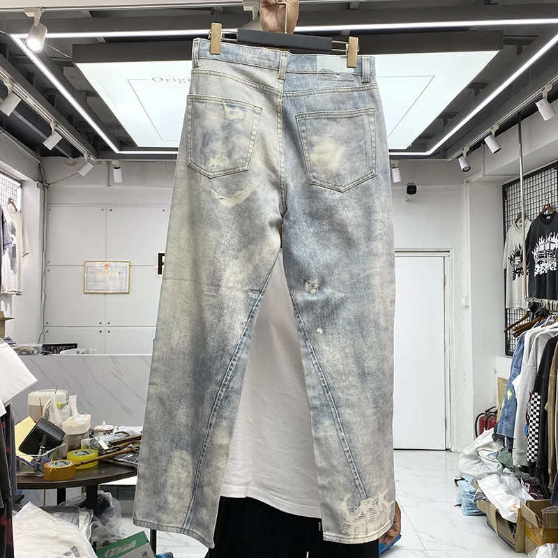 Streetwear Tie Dye Washed Distressed Jeans Men Women High Quality Patchwork Casual Heavy Fabric Trousers Jean Pants