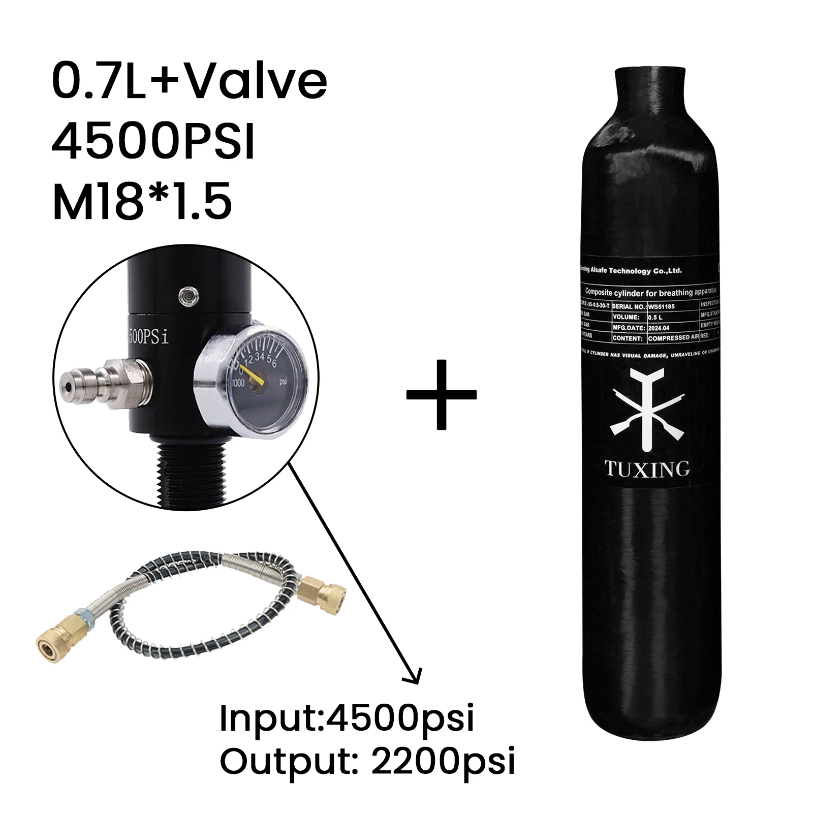 

Цилиндр из углеродного волокна TUXING 300Bar 4500Psi 700cc 0.7L с регулирующим клапаном, Воздушная бутылка высокого давления для дайвинга, HPA бак M18 * 1,5
