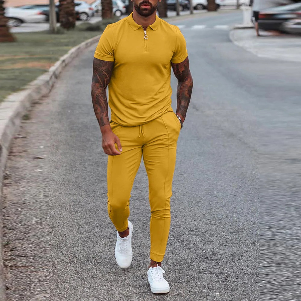 Men's Slim Fit Set Solid Color Fashion Trend Youth Casual Set Europe and America 2023 Summer Men Clothing Tracksuit Sweatpants