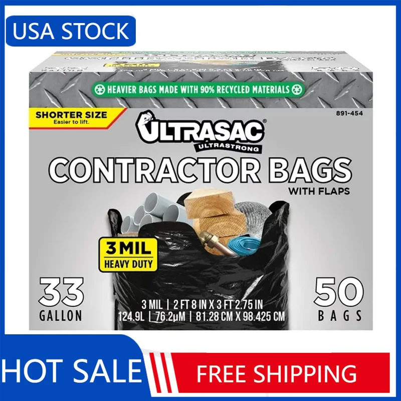 

Household Essentials - Extra Thick Heavy Duty Contractor Bags, 33 Gallon, 3 Mil, 39" x 32", Black, 50 Count