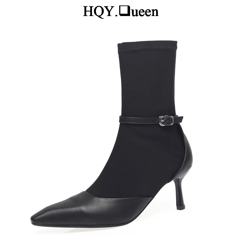 

Ankle Short Sock Boots For 2023 Ladies Stretch Booties Genuine Leather Female Shoes Luxury Autumn Pointed Toe Women Pumps