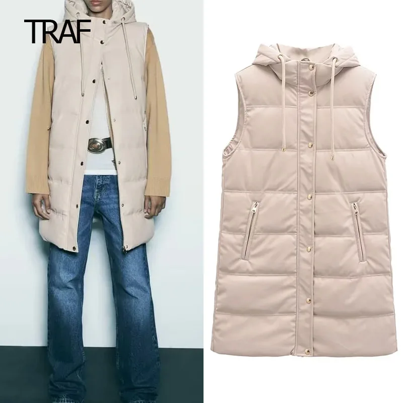 

Демисезонный женский пуховик TRAF, кожаный жилет с капюшоном, жилет без рукавов, новая верхняя одежда, теплая зимняя женская куртка-пуховик