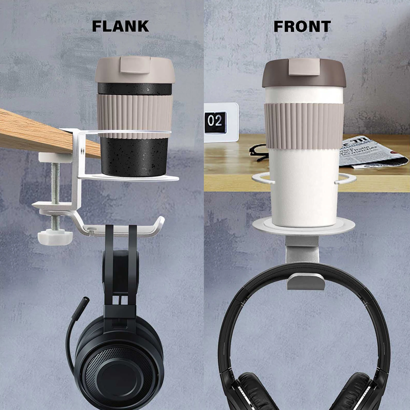 

Aluminum Alloy Headphone And Cup Holder Portable 360 Degree Rotatable Earphone Desk Clip With Rotating Cup Holder