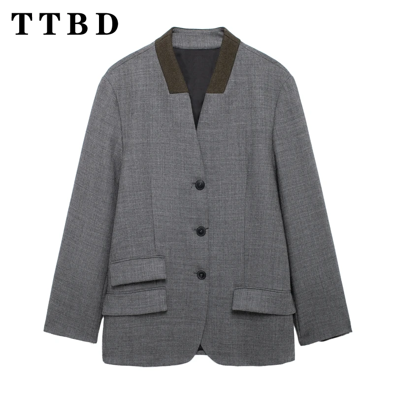 TTBD женский 2024 новый осенний винтажный однобортный пиджак с v-образным воротником