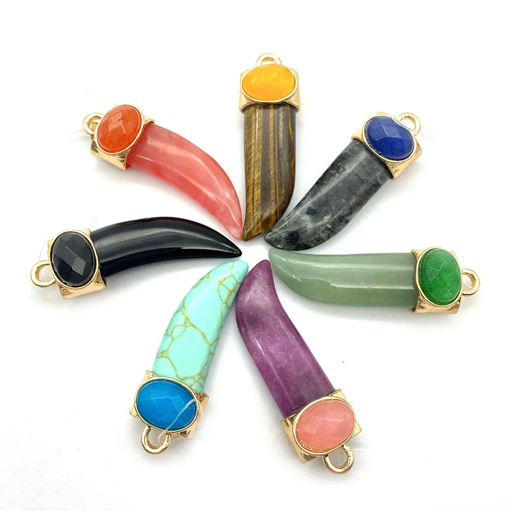 

Natural Stone Tiger's Eye Green Aventurine Horn-shaped Knife-shaped Pendant Inlaid with Gemstones DIY Women's Jewelry Necklace