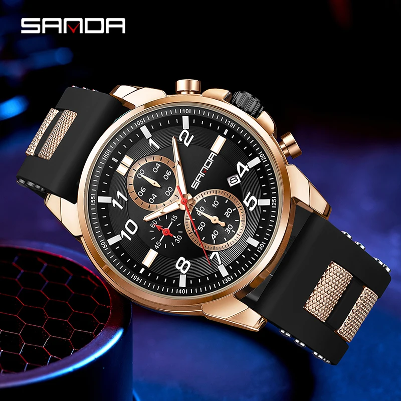 

Часы наручные SANDA Мужские кварцевые, брендовые Роскошные деловые с мягким силиконовым ремешком, водонепроницаемые светящиеся с хронографом и секундомером