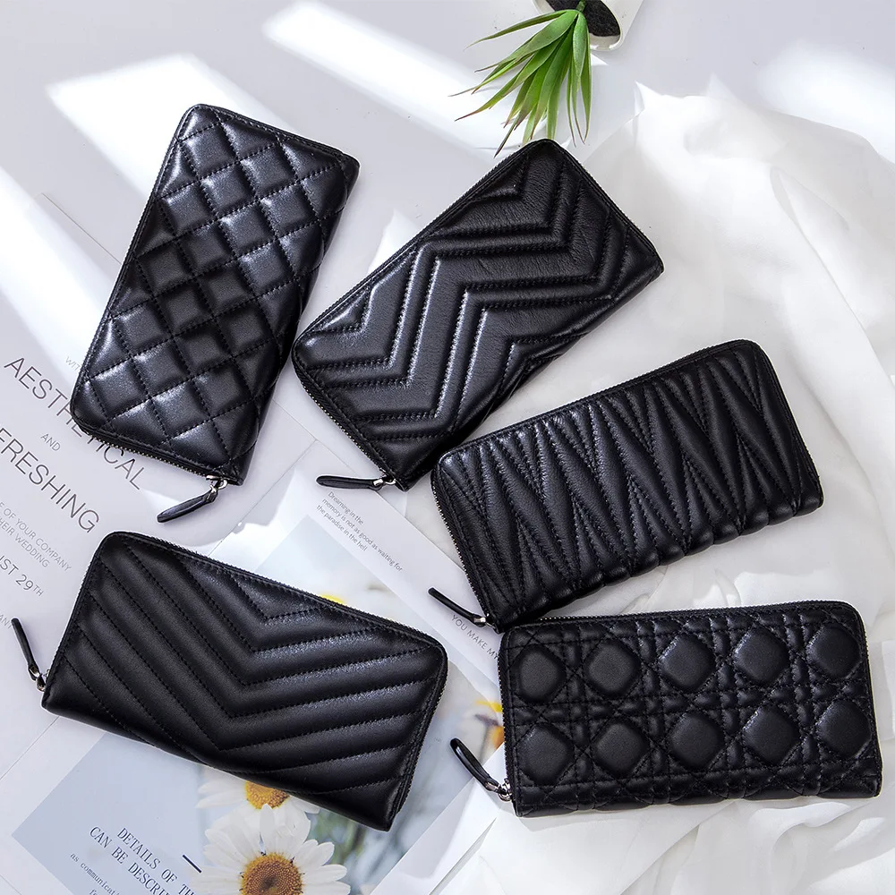 5 Patterns Option Black Handbag Genuine Sheep Leather Zipper Style Fashion Girl Purse Versatile Women Card Bag Long Wallet