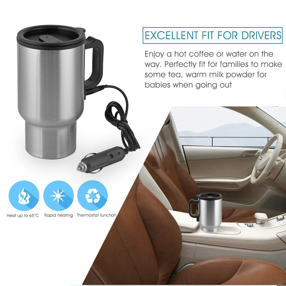 

12V 450ML Vehicle Heating Cup With Cable Stainless Steel Coffee Tea Boiler Cigarette Lighter Adapter Car Electric Warmer Cup