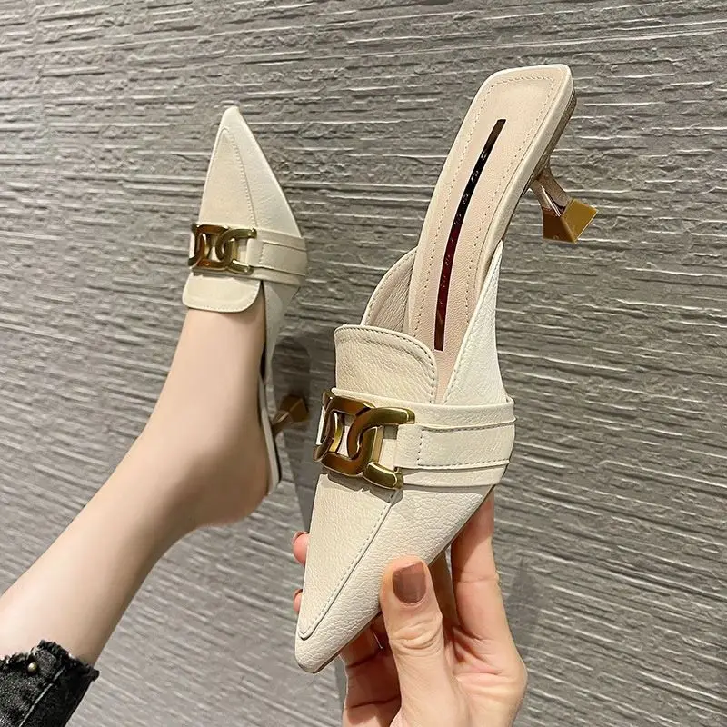 Women Slippers Mules Pointed Toe Rubber Metal Chains Outdoor Slides Woman Shoes Fashion Casual Lady High Heels Zapatillas Mujer