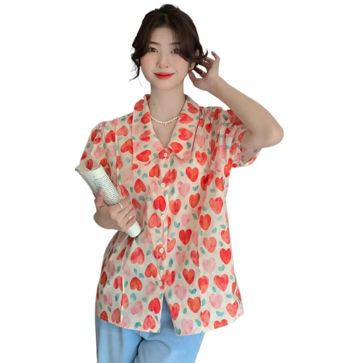 

Summer New Cotton Girlish Tuen-down Collar Shirts Puff Sleeves Vintage Red Heart Printed Casual Prairie Chic Loose Coats