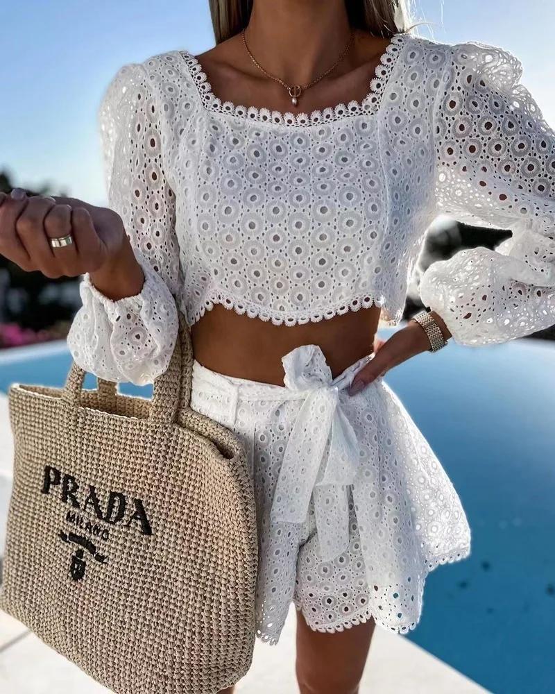 Beach Outfits for Women Party Shorts Sets Lace Outfits Square Neck Short Sleeve Crop Top Shorts Suit Sexy Summer 2 Piece Outfit