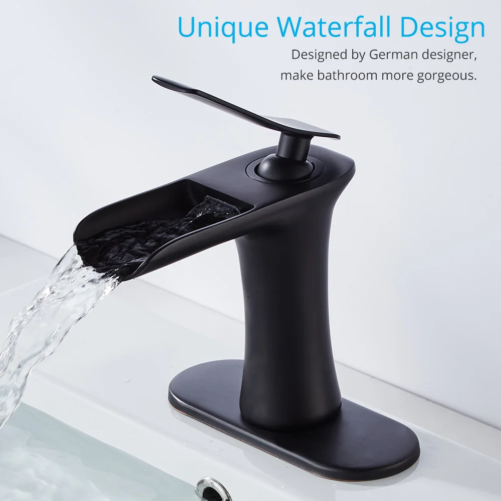 

Wovier Waterfall Sink Faucet Matter Black Single Handle Single Hole Bathroom Taps Widespread Basin Faucets with Cover Deck Plate