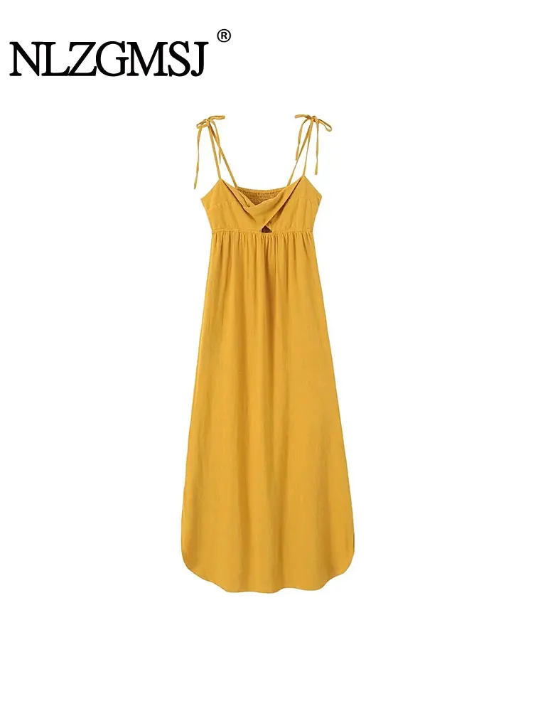 

Nlzgmsj TRAF Yellow Ruffled Midi Dress For Women Sexy V-neck Backless Loose Holiday Beach Dress 2023 Summer Female Sundress