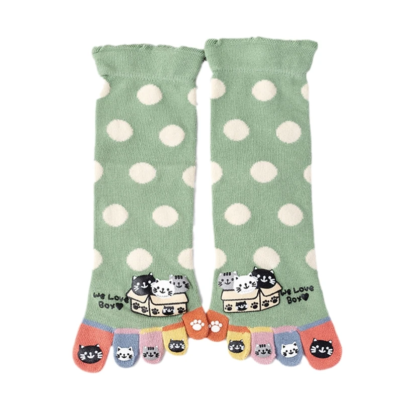 

Women Cute Cartoon for CAT Print Cotton Crew Socks Novelty Colorful Split Toes 5 Finger Separator Funny Polka Dot Pattern Loose