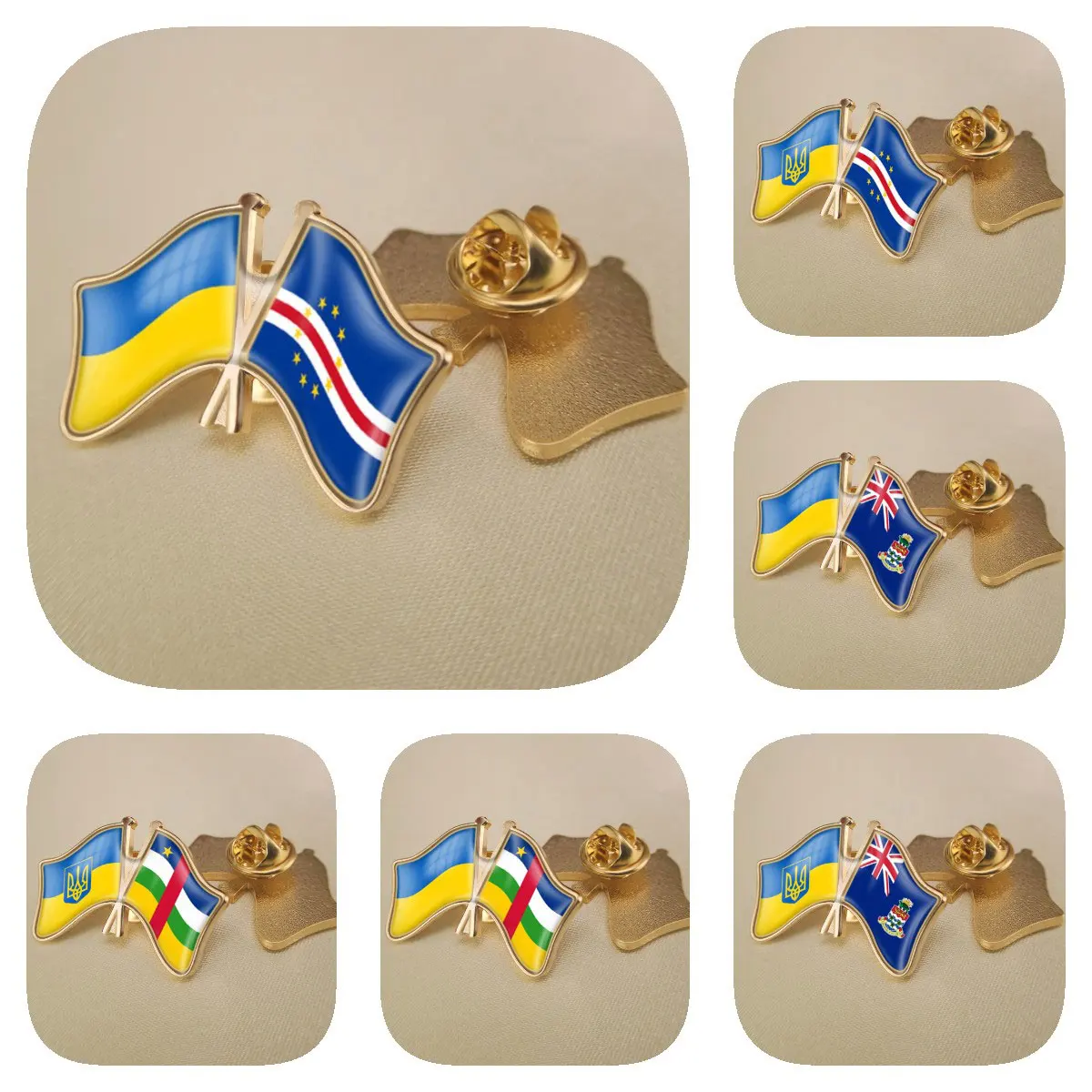 

Ukraine and Cape Verde Cayman Islands Central African Republic Double Crossed Friendship Flags Brooches Lapel Pins Bradges