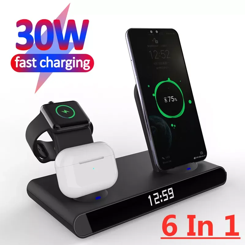 

30W 6 in 1 Wireless Charger Induction Charging Stand for iPhone 13 12 11 8 X XS XR Airpods iWatch 6 7 Fast Charge Station