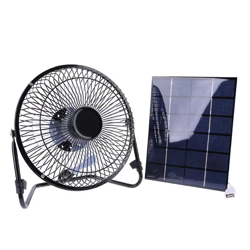 

Solar Panel Powered / USB Charging Iron Fan 8" Cooling Air Fans For Outdoor Traveling Fishing Home Office