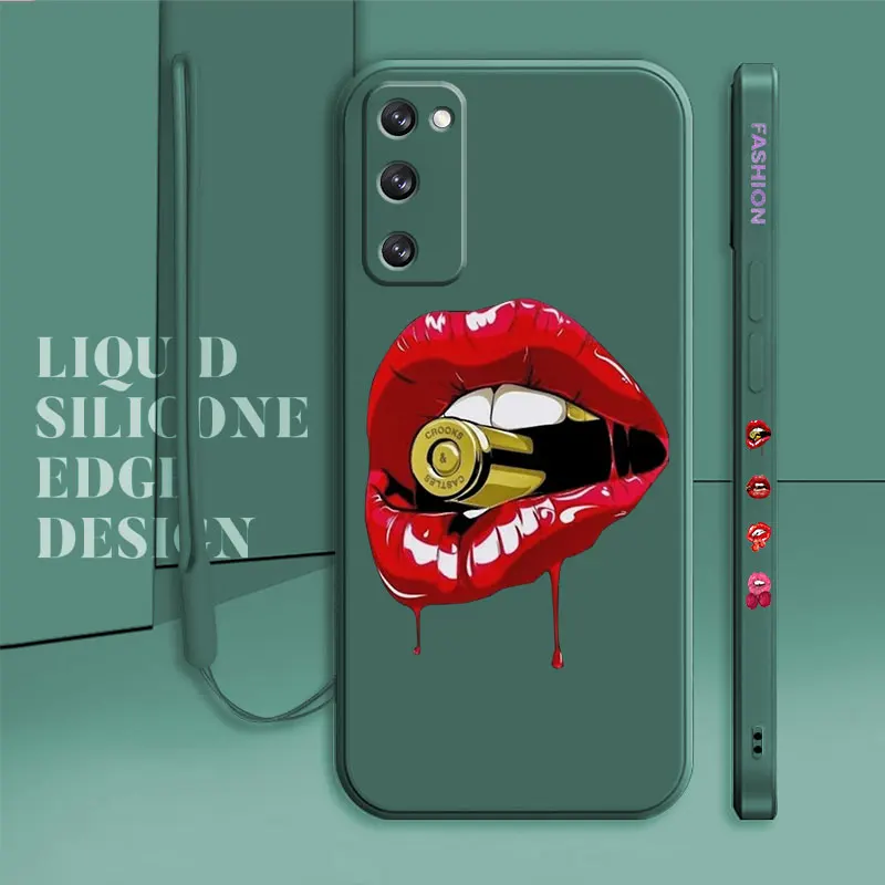 Lips Holding Metal Bullet Case For Samsung Galaxy S22 S21 S20 S10 S8 S9 S10e Ultra FE Note 20 10Plus Square Liquid Candy Color