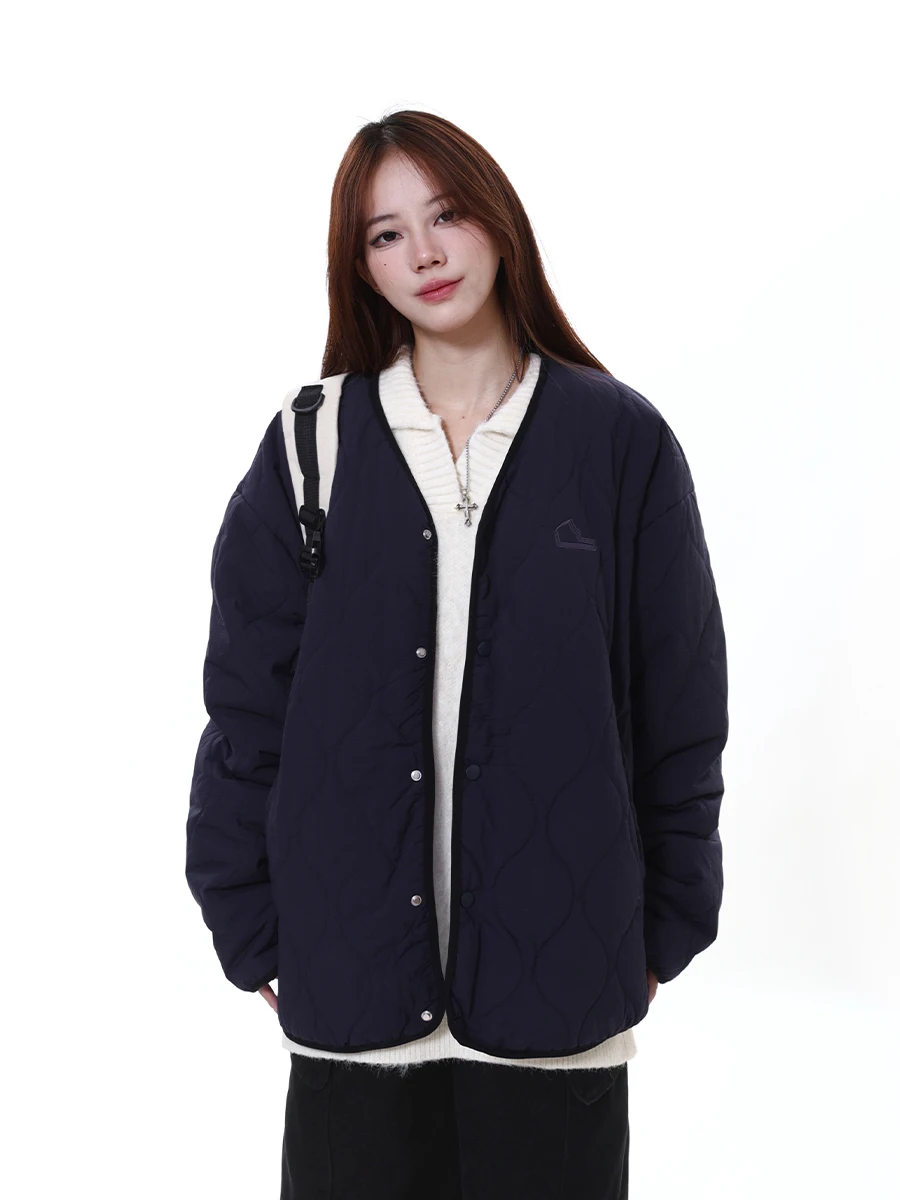 Arku American Sle Navy Blue Rhombus Quilted Warm Cotton-Padded Clothes for Women Winter Loose Design Collarless Cotto...