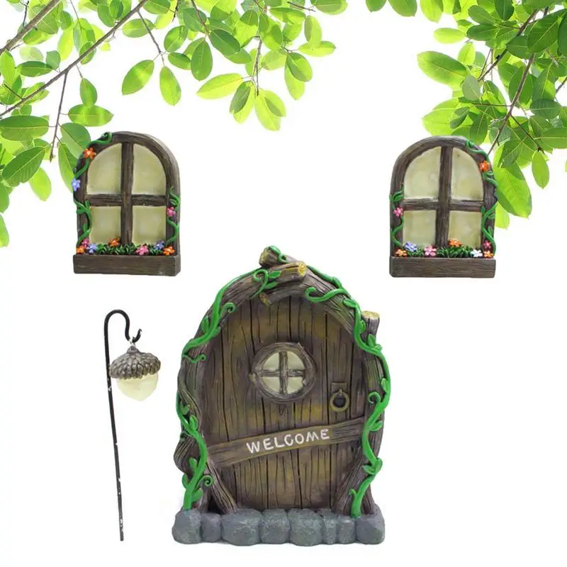 

Миниатюрная садовая дверь, светящаяся в темноте, сказочный домик с окном и дверью с лампой для сада, сказочный двор, Художественная Скульпту...