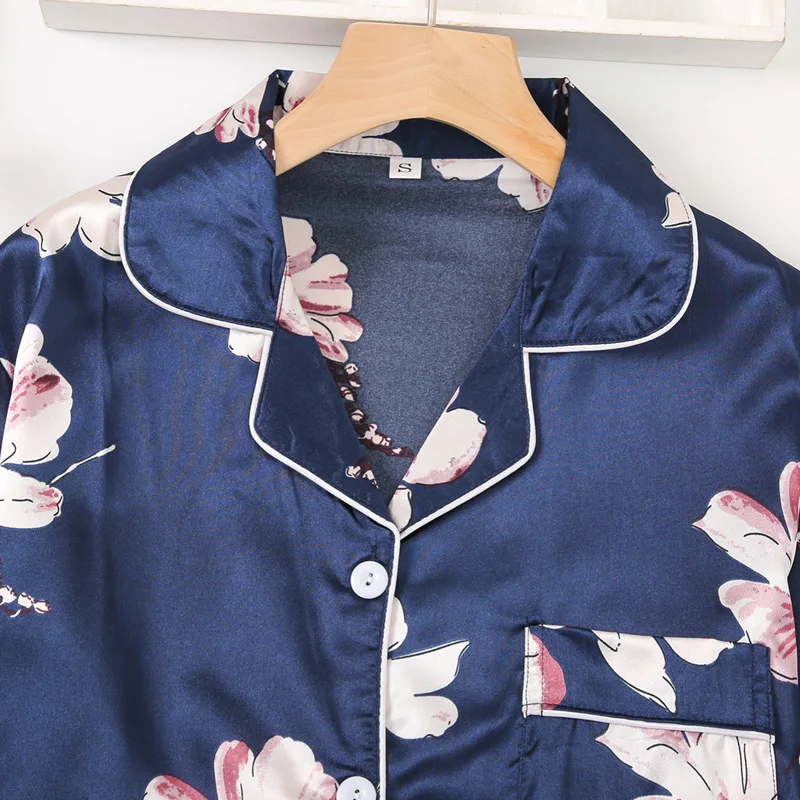 Two Piece Set Pajamas for Women Print Satin Silk Sleepwear Pyjamas Pjs Short Set Summer Autumn Long Loungewear Home Clothes