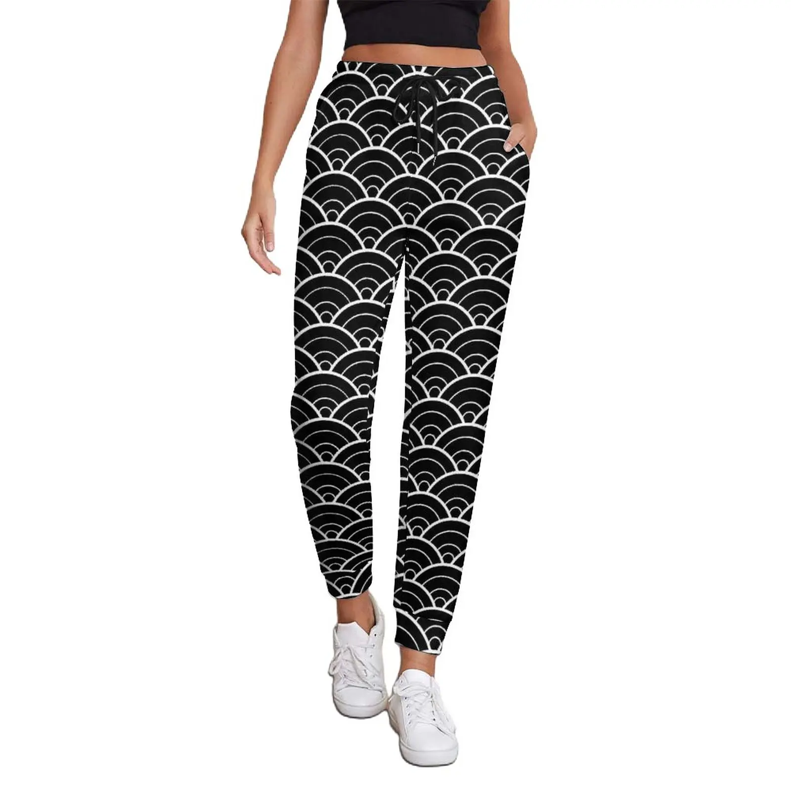 

Seigaiha Japanese Baggy Pants Spring Black Waves Print Casual Sweatpants Female Street Fashion Printed Trousers Plus Size 3XL