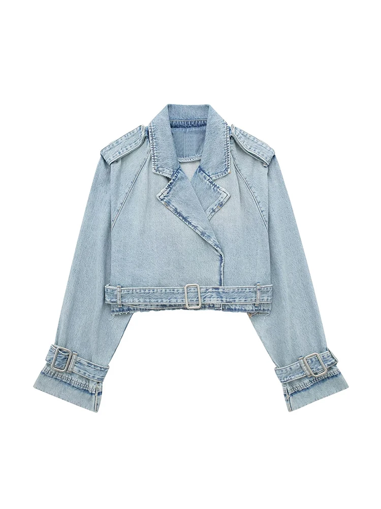 

Women's 2023 Spring New Leisure Fashion Unique Polo Collar Long Sleeve Short Denim Windbreaker Mujer