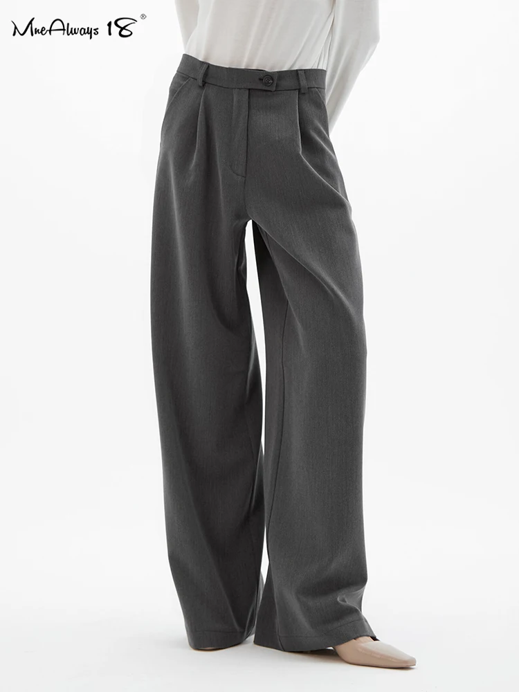 

Mnealways18 Classic Gray Pleated Pants Women Office Ladies Wide Legs Casual Trousers Autumn Winter Palazzo Floor-Length Pants