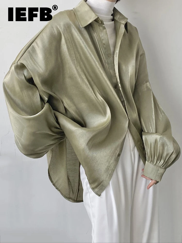 

IEFB Silk Texture Bubble Sleeve Decorated Draped Korean Style Men's Fashionable Shirt 2022 Solid Color New Tops 9Y6821