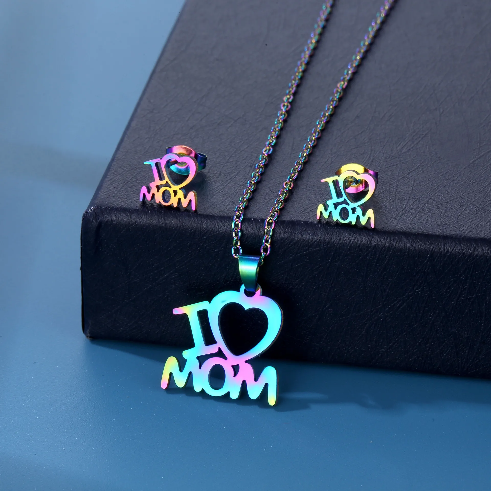 

Stainless Steel Colorful I Love MOM Letter Necklace Earrings Set Love Heart Mom Daughter Figure Jewelry Set Mother's Day Gift