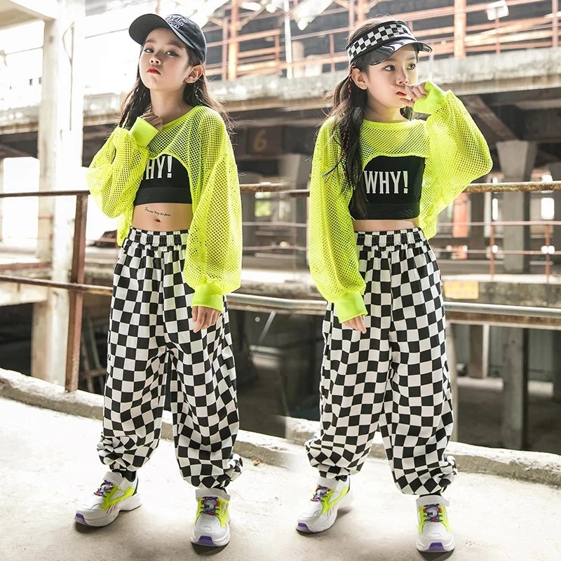 

Children Hip Hop Clothing Cropped Fluorescent Green Mesh Tops Casual Pants Girls Jazz Dance Costumes Performance Wear suits