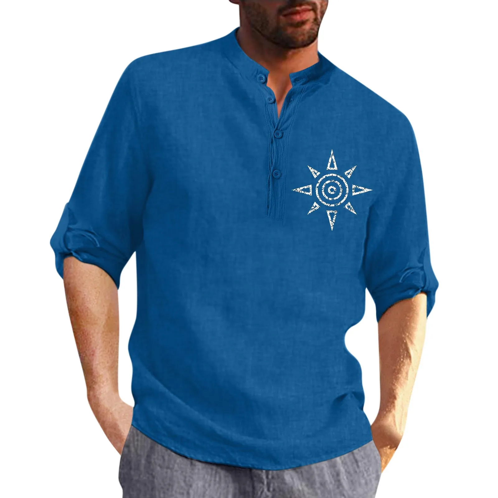 

Men Shirt Collar Cotton Linen Print Fashion Top Blouse Loose Long Sleeve Button Top Shirt Thick Cotton T Shirts for Men