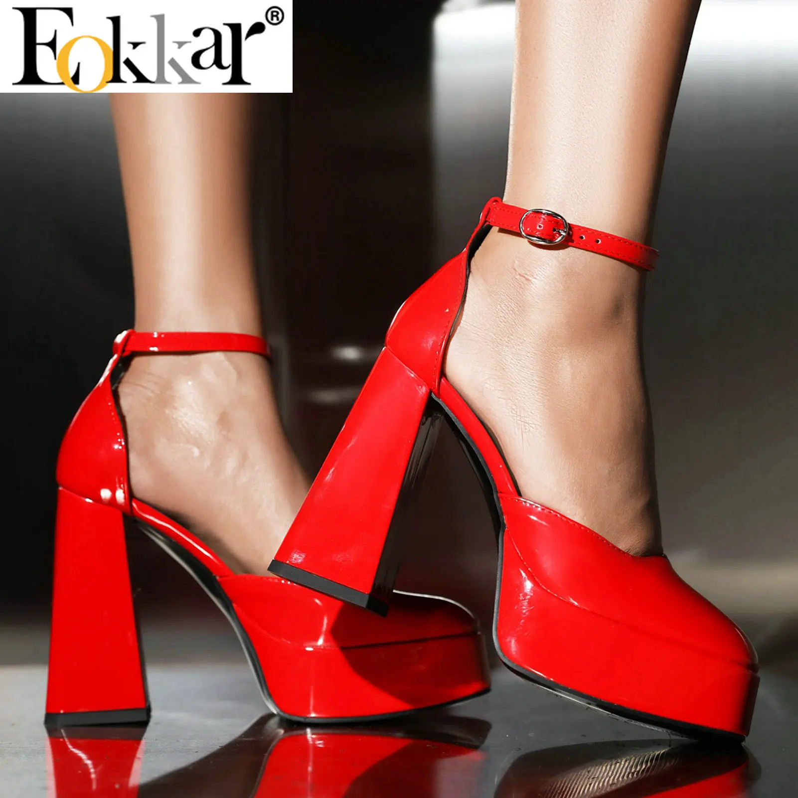 Eokkar Women D'orsay Pumps Patent Leather Ankle Strap Pumps Block High Heel Platform Pumps Closed Toe Sexy Dress Party Pumps