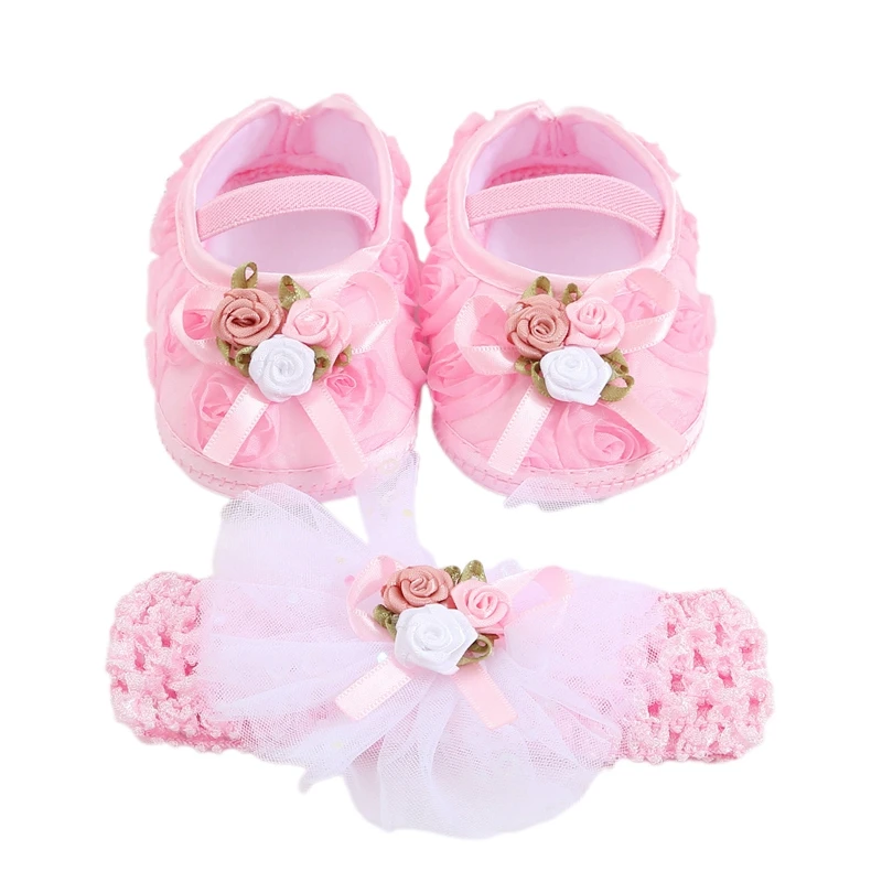 

Baby Girls Shoes, Soft Sole Flower Crib Shoes Elastic Band Non-slip Toddler Shoes with Headband Shower Favors