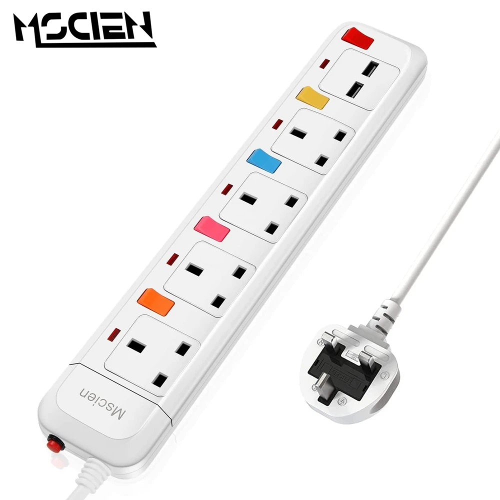 

MSCIEN 1.8M/3M Extension Cord Power Strip Socket UK Plug Electrical Sockets with 4AC Outlets 5V/2.1A USB Ports Surge Protection