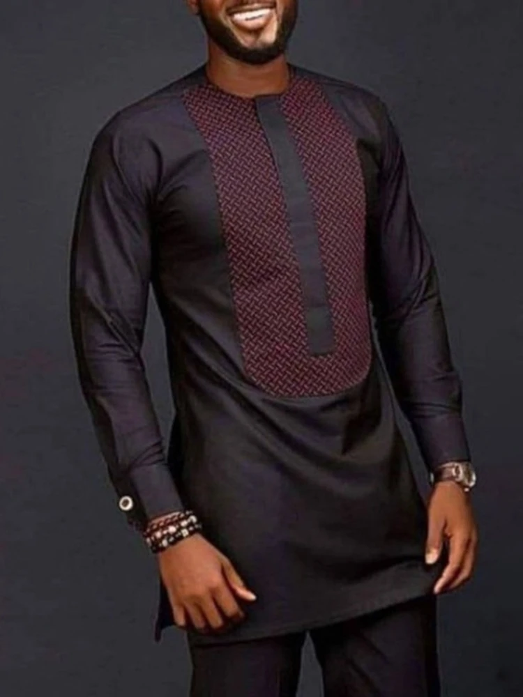 Ramadan Eid Muslim Fashion Men Suit Printed Patchwork Shirt Solid Color Pants Men's Casual Suit European Clothing Arabic Shirt