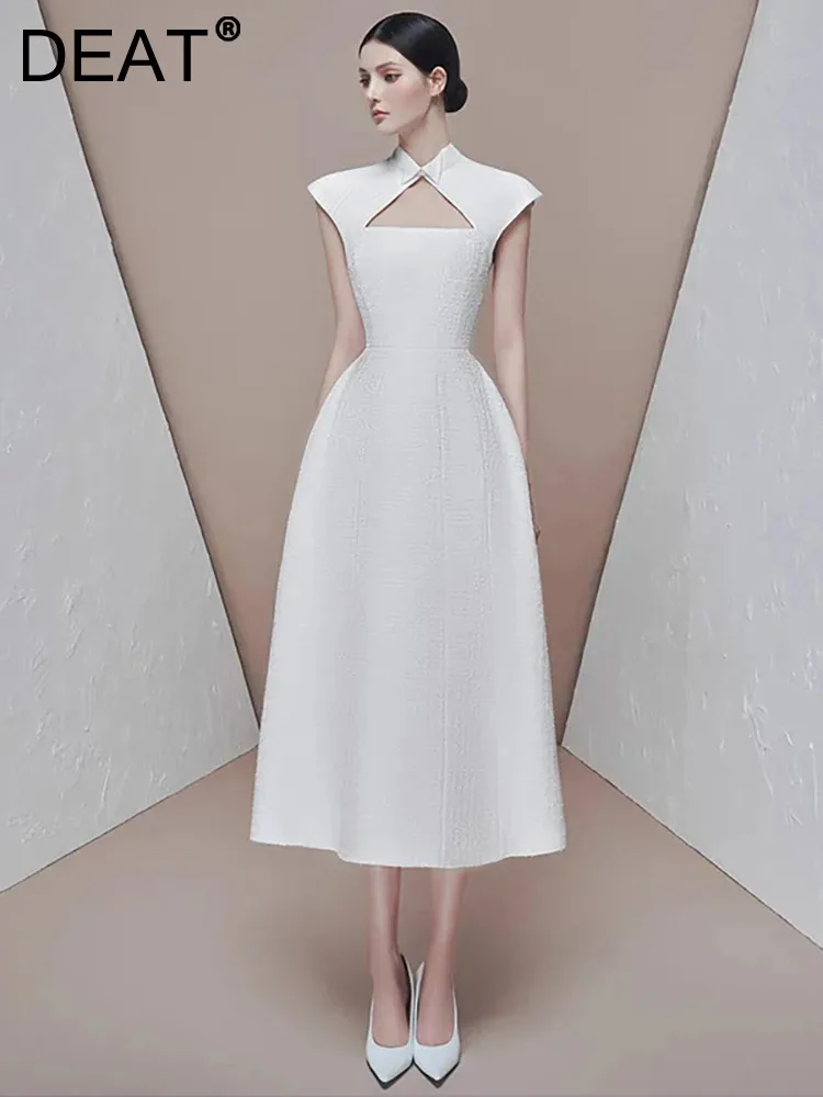 

Женское твидовое ажурное платье DEAT, элегантное плиссированное платье без рукавов, с воротником-стойкой и высокой талией, 13DB3893, лето 2023