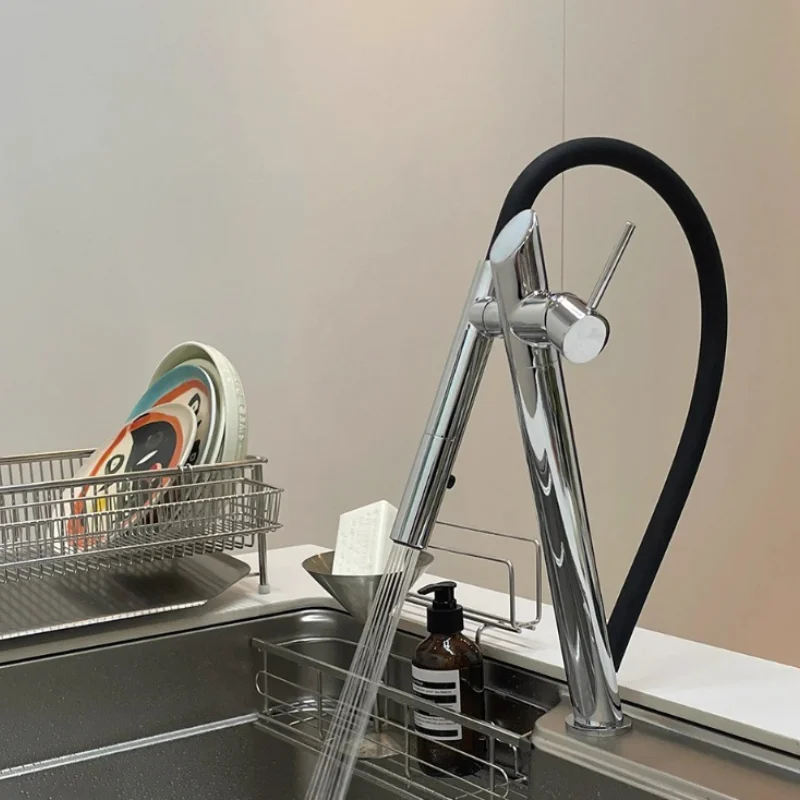 Выдвижной кухонный смеситель кран из латуни черного цвета с магнитным