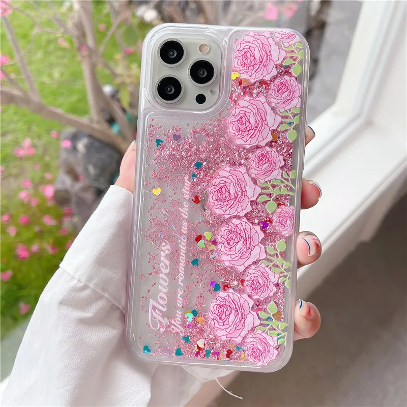

Dynamic Phone Case For OPPO X27 X30 X50 X60 X70 V20 V23e Pro S6E S7E S9 S10 S12 Liquid Quicksand Glitter Cover pink Rose flower