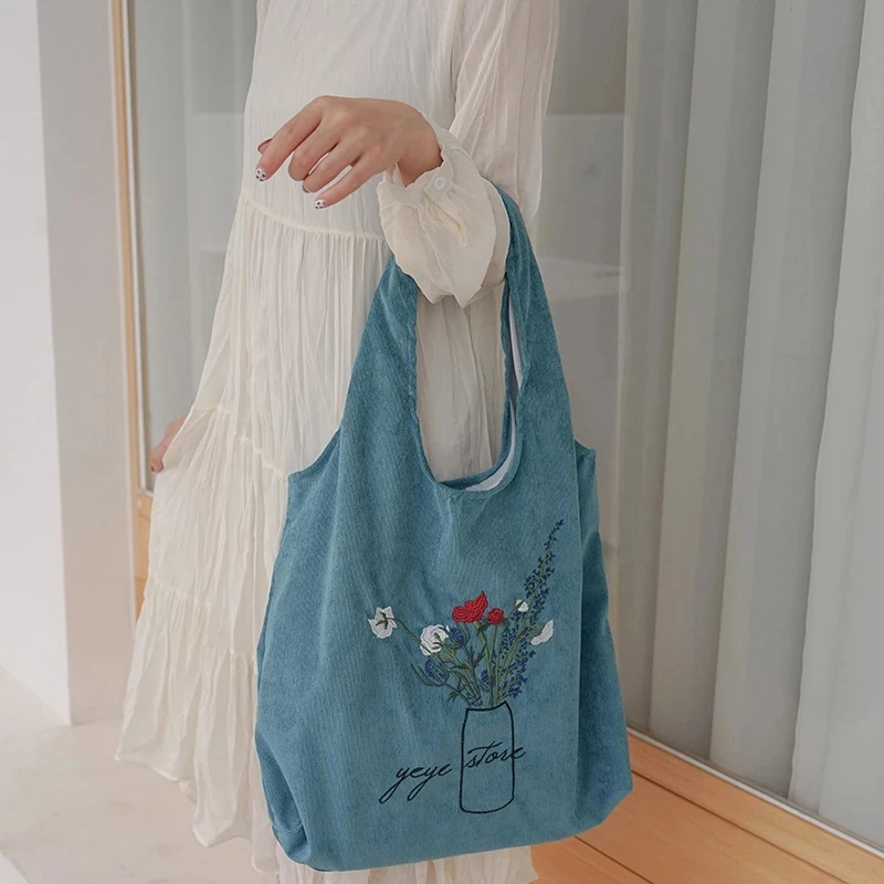 

Женские вельветовые сумки через плечо, вместительная сумка с вышивкой, повседневная сумка-тоут, простые модные сумки для покупок для девоче...