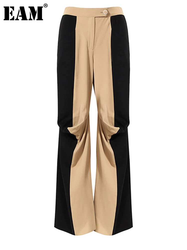 

[EAM] High Waist Khaki Contrast Color Long Pleated Wide Leg Trousers New Loose Pants Women Fashion Spring Autumn 2022 1DE0959