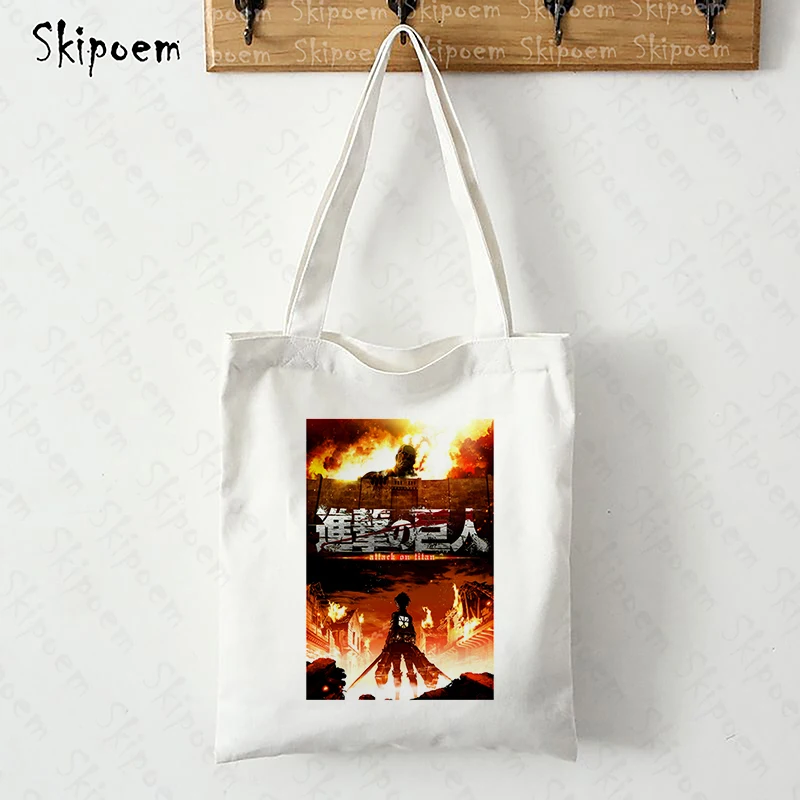 

Shoulder Canvas Tote Bag Shoppers Bags White Large Capacity Hand Bag Women's Attack On Titan Cartoon Harajuku Kawaii Cloth Bag